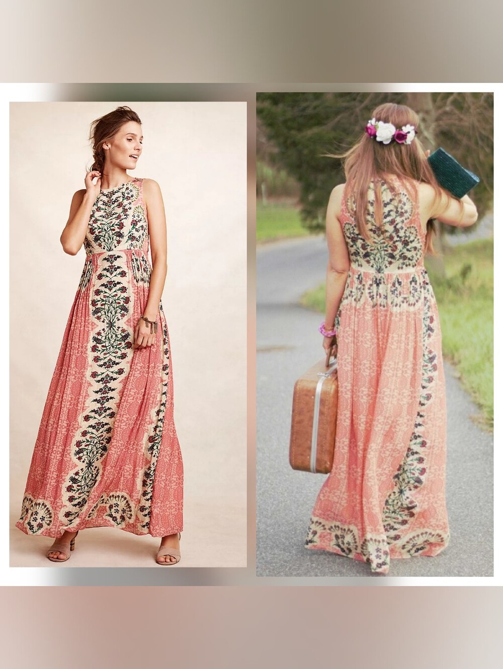 Floral Panel Maxi Dress - Coral Pink - Picture 1 of 4